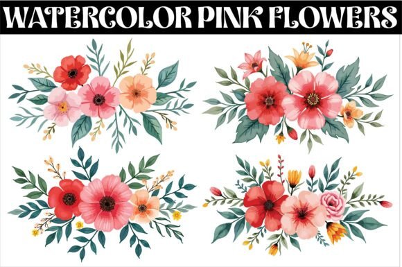 Download Watercolor Pink Flowers and Green Leaves - Flowers Collection
