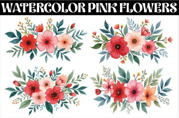 Download Watercolor Pink Flowers and Green Leaves - Flowers Collection