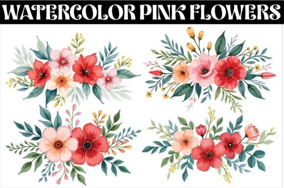Download Watercolor Pink Flowers and Green Leaves - Flowers Collection