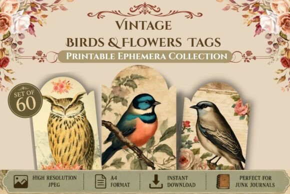 Download Vintage Birds &amp; Flowers Printable Tags - Flowers Collection
