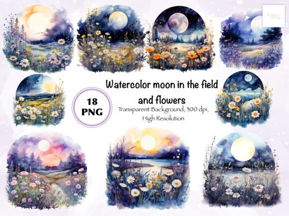 Download Watercolor Moon in the Field and Flowers - Flowers Collection